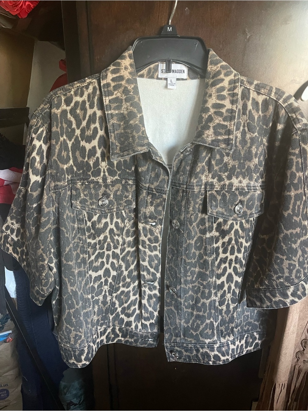 Steve Madden Leopard-Print Cropped Jean Jacket - Brown, Black